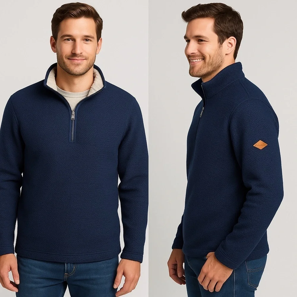 Orvis Men’s M Sherpa Lined Quarter Zip Navy Fleece Pullover Warm Outdoor Size M